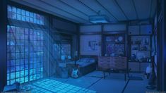 a room with lots of windows and furniture in the corner, all lit up by blue light