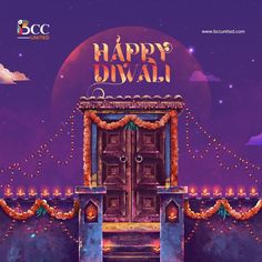 the entrance to happy diwali with lights and garlands around it, in front of a full moon