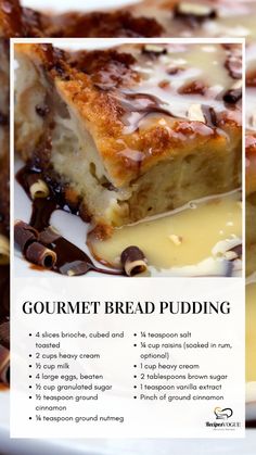 an advertisement for gourmet bread pudding on a plate