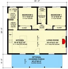 the floor plan for a small house with two bedroom and an attached kitchen area,