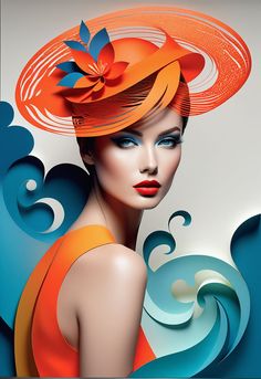 a woman with an orange hat and blue eyeshadow is standing in front of waves