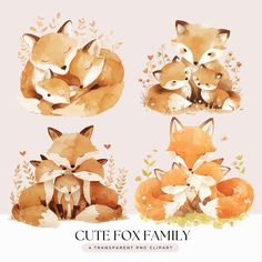 watercolor fox family clipart set with baby foxes and their mom's cubs