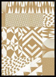 an abstract pattern in gold and white with black frame on the bottom right side, it is made up of many different shapes