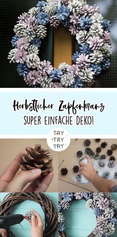 a collage of photos showing how to make a wreath with yarn and pine cones