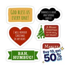 christmas stickers with different sayings and phrases for sale on the side of a white background