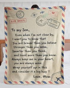 an air mail themed blanket with the message to my son