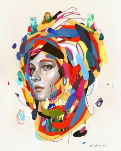 an abstract painting of a woman's face with multicolored circles around her