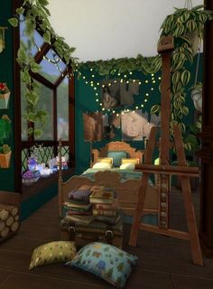 a bedroom with green walls and lots of plants