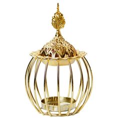 a golden metal birdcage on a white background