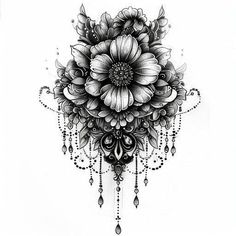 a black and white drawing of a flower on a white background with beads hanging from it's petals