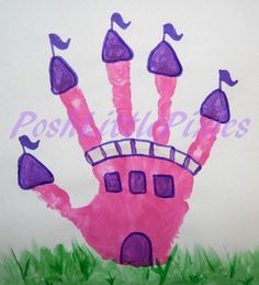 a drawing of a pink hand with purple fingers on it, in the middle of green grass