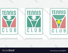 three logos for the tennis club in green and pink colors on a white background with a shadow