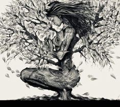 a drawing of a woman sitting on top of a tree