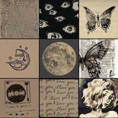 a collage of pictures with different types of drawings and words on them, including the moon