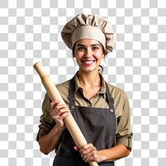 a woman in an apron holding a rolling pin with a smile on her face png