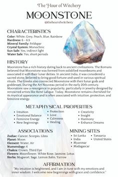 Moonstone Properties; Crystals, Gemstones Reference, Spiritual Healing Crystal Properties Chart, Crystals And Meanings, Moonstone Crystal Meaning, Moon Stone Crystal, Crystals Astrology, Moonstone Meaning