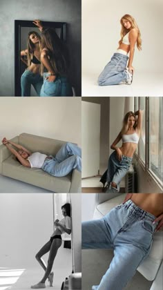 four different pictures of women in jeans and white tops, one with her legs spread out