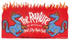 the rapture concert poster for rock city hell, with two blue horses in flames