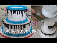 how to stack cake on top of each other with blue and white icing dripping down the sides