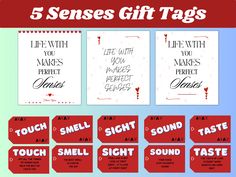 five different types of gift tags with the words'5 senses gift tags '