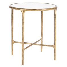 a round glass table with gold frame and metal legs on an isolated white background for use as a side table or end table