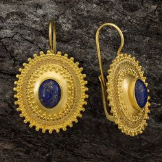 The earrings has unforgettable dignity and grace. An oval variation on the classic Afghani design. Lapis earrings in a traditional cabochon cut. European leverbacks for pierced ears. 24k gold over sterling silver. Size: 1 1/4 inch. Jupiter Jewelry, Etruscan Jewelry, Lapis Jewelry, Lapis Earrings, 5 Elements, Lapis Lazuli Earrings, Egyptian Jewelry, Blue Goldstone, Golden Earrings