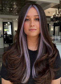 Brown Hair With Silver Money Piece, Light Purple Money Piece Hair, Lavender Peekaboo Hair, Lavender Money Piece Hair, Purple Halo Hair, Vivid Hair Color Ideas For Brunettes, Money Piece Hair Color, Piece Hair Color, Purple Peekaboo Highlights