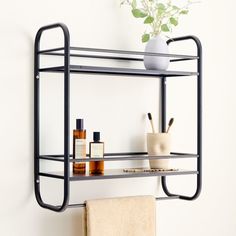 a bathroom shelf with soap, lotion bottles and a towel on it next to a potted plant