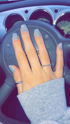 Short Acrylic Sparkly Nails, Prom Acrylics Short, Silver Nails Dip Powder, Silver Sparkle Nails Short, Sparkly Gel Manicure, Sparkly Powder Dip Nails, Gel Nails Sparkle Glitter, Silver Nails For Homecoming, Solid Color Sparkly Nails