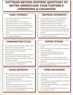 These Gottman Method-Inspired questions can lead to rich conversations and deeper insights into your partner's upbringing and childhood experiences. Gottman Love Map Questions, Gottman Method Love Maps, Gottman Method, Psychology Fact, Deep Conversation, Family Communication, Healing Journaling, Relationship Lessons, Couples Therapy