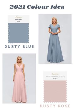 the color scheme for dusty blue and dusty rose is shown in three different colors, including pink