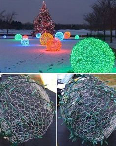 christmas lights in the shape of balls and trees