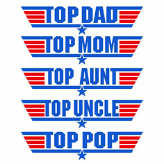 the top dad, top mom and top uncle pop logo are shown in red white and blue