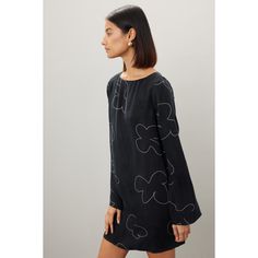 Black abstract cotton (60% Cupro, 40% Viscose). A-line. Long sleeves. Boat neck. Back button closure. 34" from shoulder to hemline. Imported. Rent The Runway, Closet Designs, Mini Shift Dress, Black Abstract, Boat Neck, Madewell, Mini Dress, Long Sleeve, Fashion Design