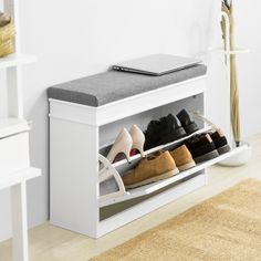 Haotian FSR82-L-W, Hallway Shoe Bench Shoe Rack Shoe Cabinet with Flip-Drawer and Seat Cushion, Engineered Wood, White Image 1 Hallway Storage Cabinet, White Hallway, Dorm Design, Wood Shoes, Hallway Storage, Ideas Casa, Shoe Bench, Bench With Shoe Storage, Shoe Cabinet