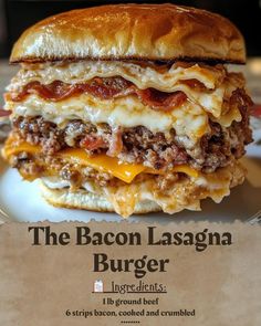 Bacon Lasagna Burger, Lasagna Burger, Bacon Lasagna, Appetizer Ideas, Beef Recipes Easy, Easy Baking Recipes, Crispy Bacon, Marinara Sauce