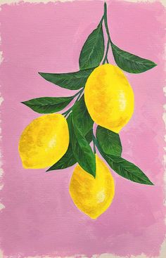 a painting of three lemons hanging from a branch with green leaves on a pink background