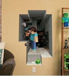 a living room with a couch and a wall mounted to the wall that has a minecraft figure in it