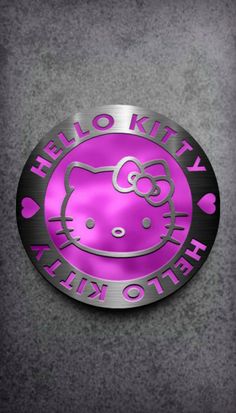 the hello kitty logo is shown in purple and black on a gray background with hearts