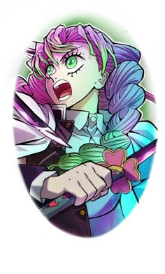 an anime character with purple hair and green eyes holding a knife in one hand while looking at the camera