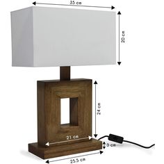 a wooden table lamp with a white shade on the base and measurements for each light