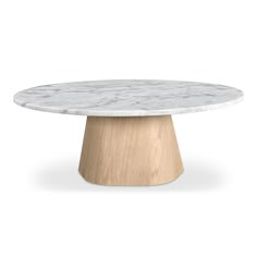 an oval marble table with wooden base on a white background, viewed from the front