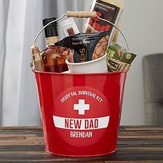 a blue bucket filled with personal care items