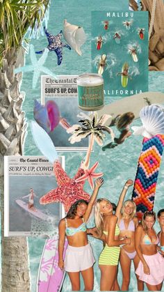 the collage is made up of different pictures and people in bathing suits, with one woman holding a surfboard