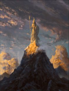 a painting of a statue on top of a mountain with clouds in the sky behind it