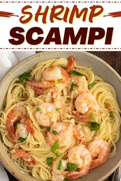 shrimp scampi pasta in a bowl with basil and parsley on the side