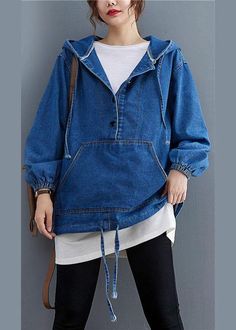 Unique Blue Denim Button Pockets hooded Fall Long sleeve Top - Omychic Denim Blue Hoodie With Pockets, Denim Hoodie With Pockets In Medium Wash, Denim Long Sleeve Hooded Jacket For Spring, Denim Hoodie With Pockets, Spring Denim Hooded Hoodie, Denim Hooded Hoodie With Pockets, Hooded Denim Hoodie With Pockets, Long Sleeve Denim Hoodie With Pockets, Long-sleeved Denim Hooded Jacket With Pockets