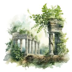 an artistic watercolor painting of the ruins of ancient greek architecture with greenery growing out of them