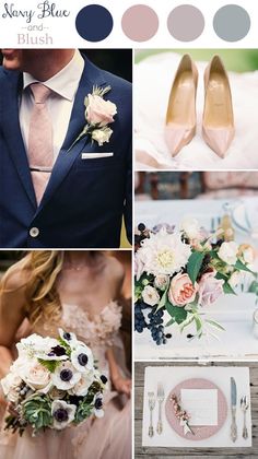 wedding color palettes for the bride and groom in shades of blue, pink, gray, and white