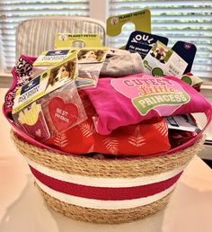 a basket filled with items sitting on top of a table